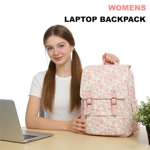 Image of Women Laptop Backpack, Corduroy 15.6 inch Travel Backpack for Work College Business, Teacher Nurse Bag with Large Capacity School Bookbag Bags for Girls - Flowers Pink