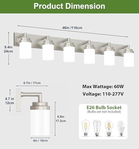 Image of Bathroom Light Fixtures, Brushed Nickel Bathroom Lighting Fixtures Over Mirror, Modern Vanity Light with White Glass Shade, Restroom Lighting Fixtures, 6-Light 46-inch