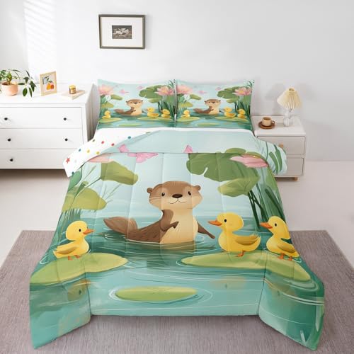 Juego de ropa de cama infantil con diseño de dibujos animados de nutria, lindo pato rosa, loto, mariposa, para niños, niñas, adolescentes, encantador animal salvaje, estilo rústico, edredón acolchado