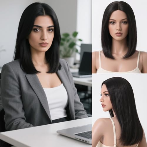 Xeelfaro Black Natural Straight Bob Wig For Women Full Head with Free-Parting & Sleek Texture, Silky Wig for Professional Moments (Black, 16Inch)