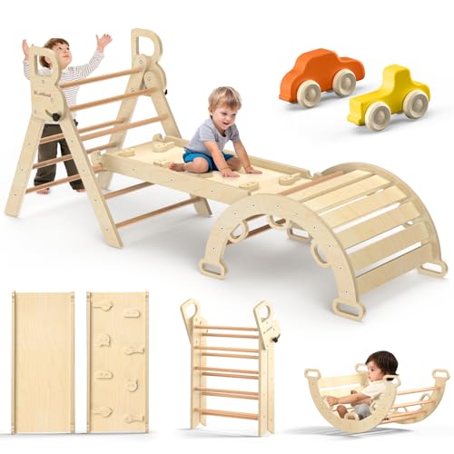 Image of BlueWood Pikler Triangle Set 7-in-1 Foldable Baby Climbing Wooden Toys with Arch&Ramp&Ladder Climber Indoor Jungle Gyms for Toddlers - Natural Wood