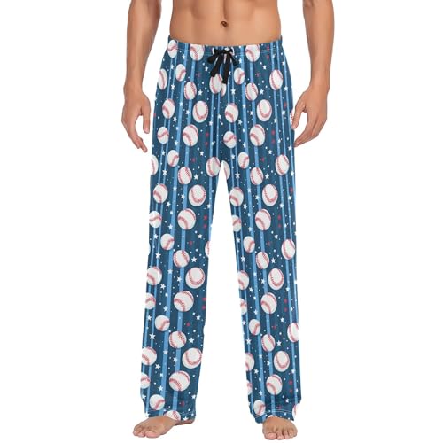 JUNZAN Stripe Beiged Baseball Stars Pajama Bottoms for Men with Pockets Comfy Mens Pjs Pants for Winter Xmas S3