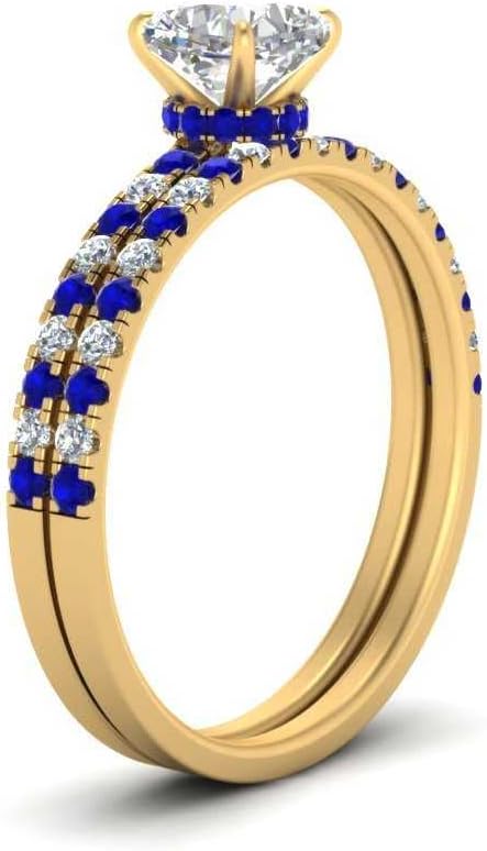 Hidden Halo Half Way Wedding Ring Set Yellow Gold Plated Created Blue Sapphire Cushion Shape Blue Color Wedding Ring Sets Prong Setting in Size 13 Casual Wear for Gift GPR-D331-CUSHION-CBS-13.5