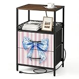 Night Stand with Charging Station Nightstand with 2 Fabric Drawers Pink Bow Preppy...