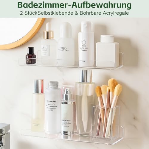 VEPEPE 2 Stück Transparent Wandregal Ohne Bohren mit Schrauben, Acryl Bad Regal Ohne Bohren 30cm, Kleinesn Wandregal Badezimmer zum Kleben, Schweberegal für Schlafzimmer, Küche, Wohnzimmer (1, A-Form)