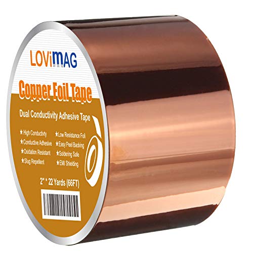 Copper Foil Tape (2inch X 66 FT) with Conductive Adhesive for Guitar and EMI Shielding, Slug Repellent, Crafts, Electrical Repairs, Grounding