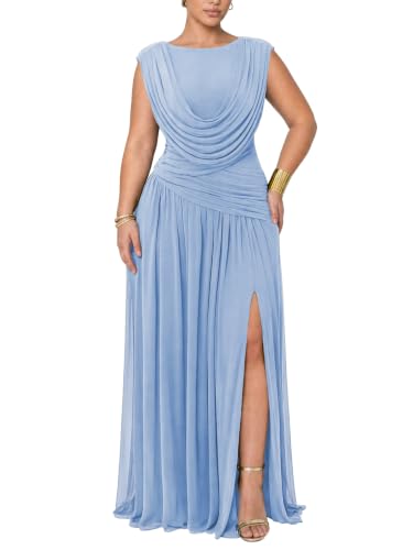 CurvySweet Women's Convertible Cowl Neck Maxi Dress Sleeveless Ruched Mesh Bridesmaid Wedding Guest Cocktail Evening Dresses Light Blue