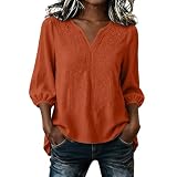 GMQWRK Bestickte Bluse für Frauen UK V-Ausschnitt 3/4 Ärmel Tops Casual Shirts Böhmische Blumenstickerei Blusen Sommer 3/4 Ärmel Top Blumenmuster Boho Urlaub Strand Shirts, Orange, M