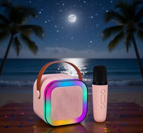 Image of MARVIC Portable Karaoke Bluetooth Speaker with Wireless Microphone Pink | MARVIC mini portable karaoke machine with wireless microphone vibrant RGB LED party lights and flexible carry handle