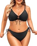 Women's Plus Size Triangle Bikini Set, Sexy Tie Front Two-Piece Swimsuit Black 18 Plus