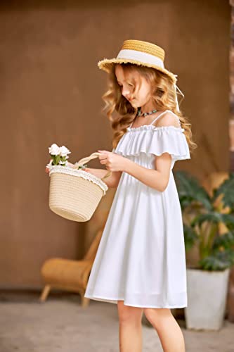 Arshiner Girls Summer Floral Ruffle Sundress Cold Shoulder Casual Holiday Dresses White thumb #5