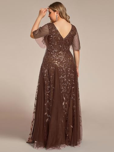 Image of Ever-Pretty Women's Sequin V Neck Plus Size Formal Dresses Evening Gown | Short Sleeve, A-Line, Empire Waist, Plus Size Mother of the Bride Dresses, Plus Size Gala Dress
