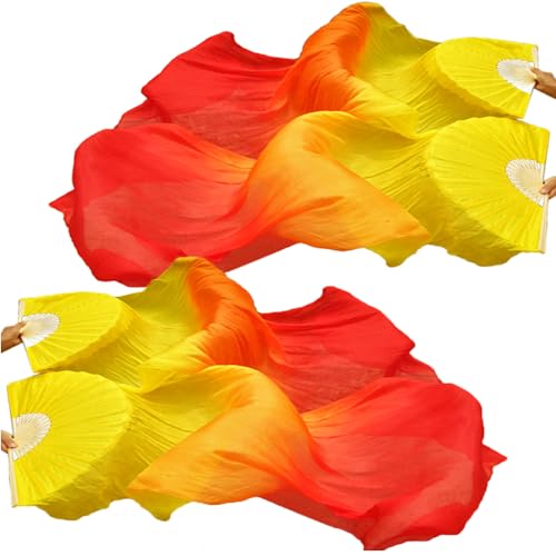 BRYCTSISEN Silk-like Belly Long Dance Fan Veil 2 Pair(Left+Right) Gradient Color Performance Fans for Theater Stage Shows