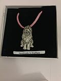 bearded Collie pp-d14 chien sur un cordon rose collier en étain anglais fait à la main 41 cm