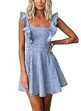 utcoco Denim Dress for Women Ruffle Adjustable Strap Sleeveless Backless Babydoll Mini Jean Dresses (Large, Light Blue)