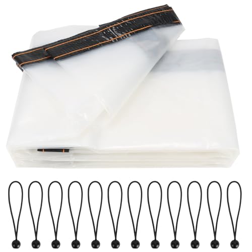 Luabue 2M X 4M Clear Tarpaulin Waterproof Heavy Duty Large Transparent Tarpaulin Sheet with Eyelets Plastic Tarp Cover with 12Pcs Bungees Ball Cord for Greenhouse Garden Outdoor Furniture Chicken Shed