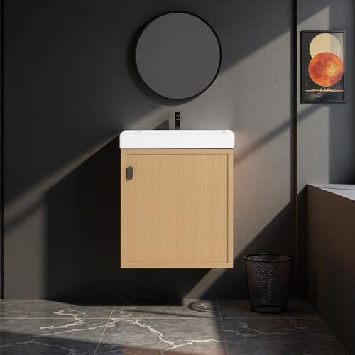 Image of 18.5 inch Bathroom Vanity with Resin Sink, Modern Wall-Mounted Floating Bathroom Vanity with Soft Closed Single Door for Home, Undermount Storage Cabinet, Easy to Clean, Natural Wood
