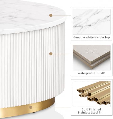 Image of Luxury Oval White Coffee Table with Nano Composite Marble-Look Top & Gold Base, Waterproof Plywood, Contemporary Center Table with Ribbed Fluted Design for Living Room & Home Decor