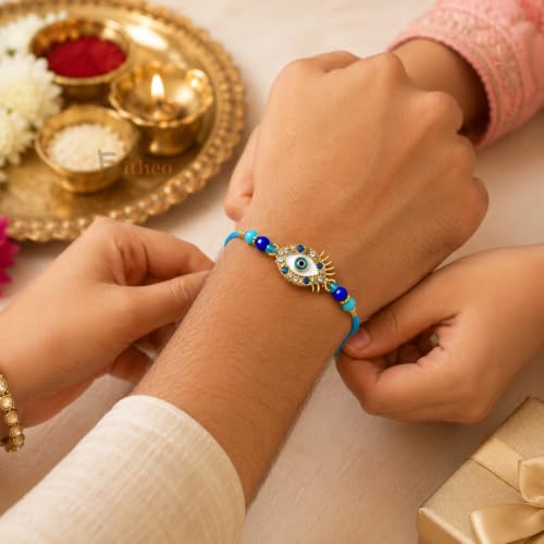 Image of EITHEO Blue Evil Eye Rakhi for Brother, Handmade Designer Raksha Bandhan Thread with Gold Finish Charm & Decorative Beads, Roli Chawal, Chandan & Mishri (Pack of 2)