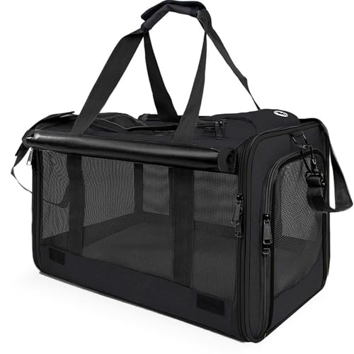 Cage de Transport pour Chien Souple Anti-Fugue Double Verrou Ventilation Maximale Toit Ouvrant Poids Léger pour TGV et Cabine Avion(Black)