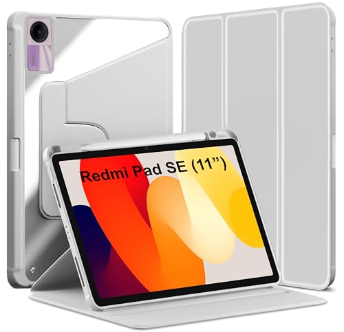 Image of TGK Rotating Case for Redmi Pad SE 11 inch with Pencil Holder 360 Degree Rotation Protective Trifold Stand Cover Clear Back (Grey)