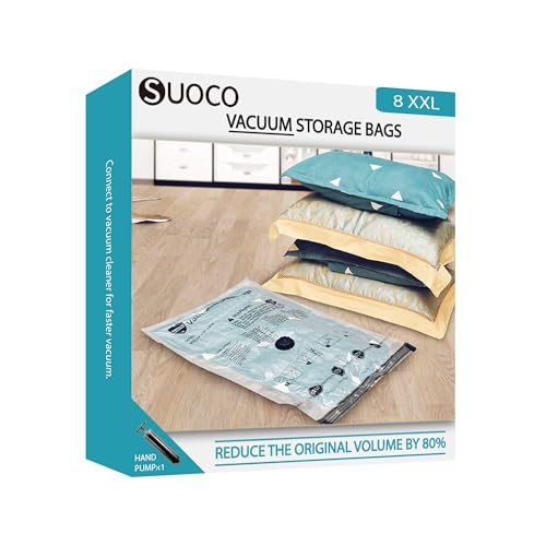 Image of SUOCO Vacuum Storage Bags (8 XXL), Space Saver Bags for Clothes, Bedding, Pillows, Comforters, Blankets Storage, Vacuum Sealer Compression Airtight Bags with Travel Hand Pump