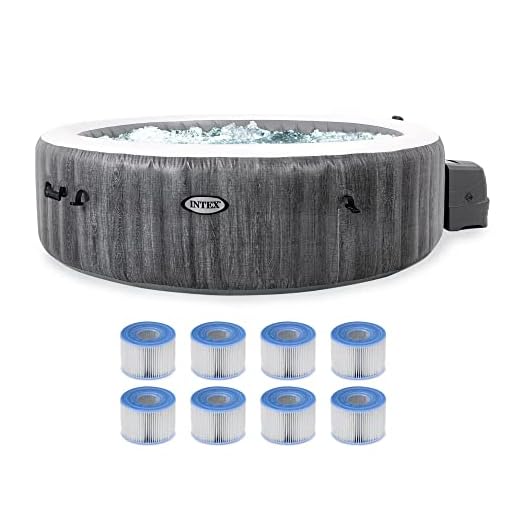 Intex PureSpa Greywood Deluxe 85in x 25in Outdoor Portable Inflatable 6 Person Round Hot Tub Spa with 170 Bubble Jets, Hardwater Treatment, Filter, and 6 Type S1 Pool Filter Cartridges