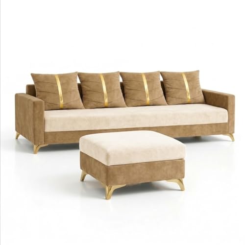 Image of Caviar 5 Seater L Shape Sofa Set with Movable Ottoman | Flexible Layout | Luxury Velvet Suede Fabric | Modern Living Room Sofa | Cream-Beige