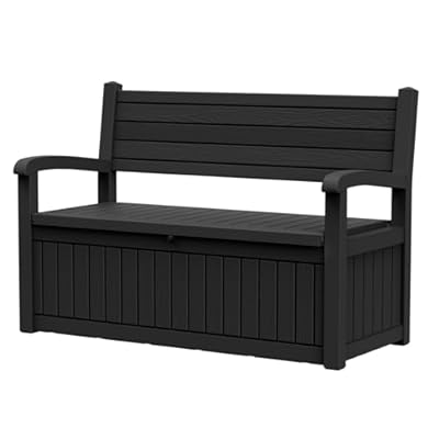 TimberAura 80 Gallon Outdoor Storage Bench, Heavy Duty Deck Box with Stripe Texture, Waterproof Resin Patio Seating for Cushions & Garden Tools, Lockable, 2-Person Capacity, 51"x 24"x 35", Black