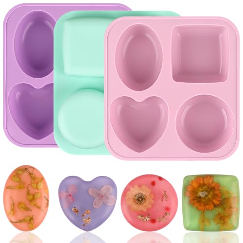 Image of Sakolla 3 Pack Silicone Soap Molds, 4 Cavities Heart, Square, Round and Oval Silicone Molds for Handmade Soap, Candle and Mousse Cake (Pink, Green, Purple)