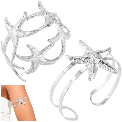 CABODYALS 2 Bracelet Manchette en Argent avec Étoile de Mer et Coquillage Style Bohème pour L'Été la Plage Le Haut du Bras Réglable en Métal pour Femme...