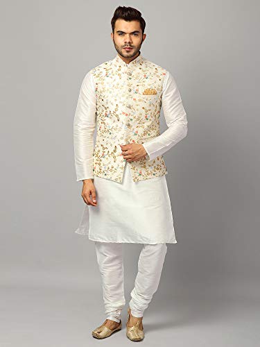 Image of Uri and MacKenzie Men's Silk Blend Kurta Churidar Pyjama with Stylish Nehru Jacket