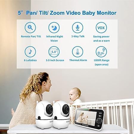 Image of HelloBaby HB6550-2 5 inch Dual Camera Baby Monitor No WiFi, Pan Tilt Zoom | Hack-Proof FHSS, 30H Battery, 1000ft Range, Easy Setup Travel-Portable, Night Vision, 2 Way Audio, VOX