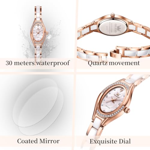 Image of OLEVS Women's Quartz Watches - Elegant Oval Diamond Dress Watch with Ceramic Band, 30M Waterproof Ladies Wrist Watch for Dress & Casual Wear (Rose Gold Blue /Red /Purple /White)