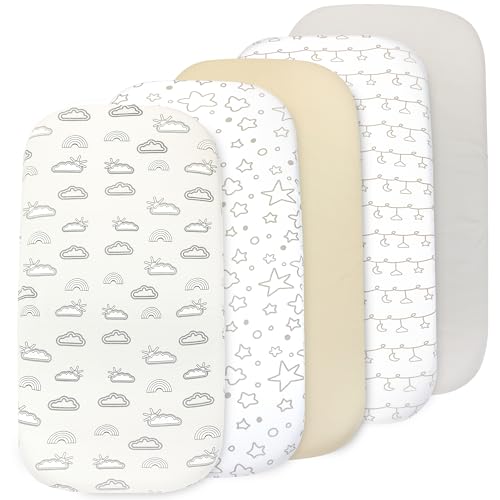 Image of Baby Bassinet Sheet Set for Boy and Girl, 5 Pack Organic Universal Fitted for Oval, Hourglass & Rectangle Bassinet Mattress, Fitted Sheets Size 32 x 16 x 4 Inches, Gray