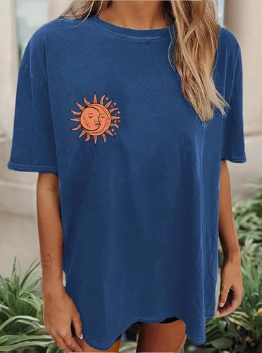 Image of Remidoo Women's Casual Short Sleeve Graphic Oversized T Shirt Loose Letter Print Tee Top Blouse Blue Large