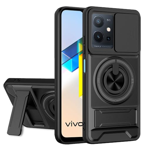 Image of AESTMO Vivo T1 5G / Y75 5G / iQOO Z6 5G Back Cover | Armor Camera Slider 360 Degree Rotating Finger Ring Holder Case with Bracket Stand Back Case Cover (Compatible with MagSafe Accessories) (Black)