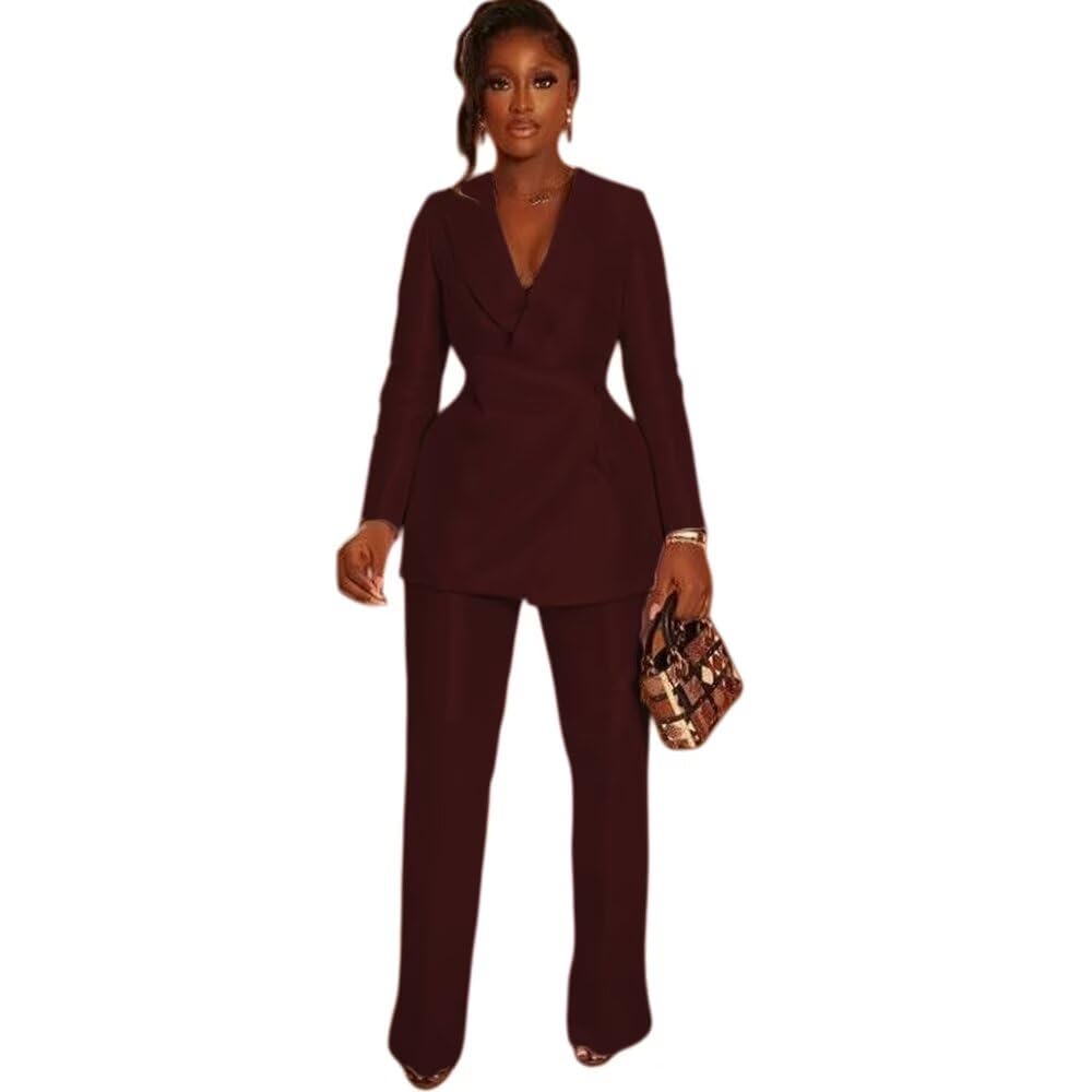 Womens 2 Piece Suit Lapel V Neck One Button Satin Lady Business Office Tuxedo Blazer Pants Set