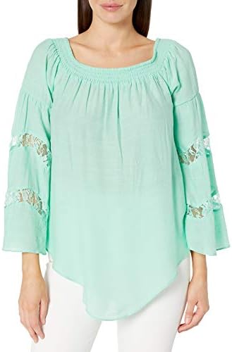 NY Collection Women's SLD Ls Bell SLV Smocked Scoop Neck Top with Dolphin Hem, Jade TRUCE, S