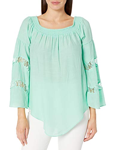 Ny Collection Women's Sld Ls Bell Slv Smocked Scoop Neck Top With Dolphin Hem, Jade Truce, S #TOP3