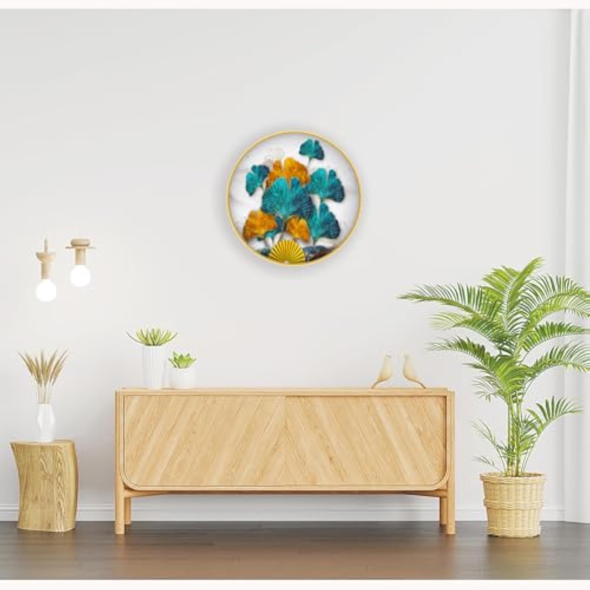 Leaf Modern Art Round Photo Frame with Gold Slim Frame