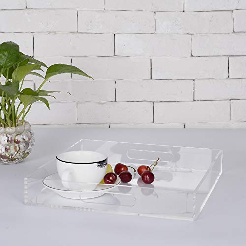 Clear Sturdy Acrylic Serving Tray with Handles - 12x12Inch - Coffee, Appetizer, Breakfast, Butler Tray - Kitchen Countertop & Makeup Drawer Organizer by KEVLANG - Used condition - Image 5
