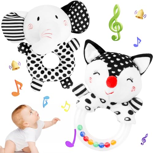 Image of Baby Rattles 0-6 Months: Soft Rattles for Babies 0-6 Months Newborn Sensory Toys, High Contrast Black and White Baby Toys 0-3 Months Plush Rattle Toy, Teether Chew Toy Plush Stuffed Animal Shower Gift