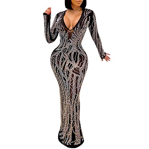 JUNBOON Womens Sexy V Neck hot Diamond Bodycon Mesh See Through Maxi Club Dress