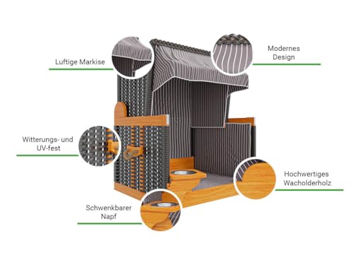 Outgarden Hundestrandkorb Kieferholz|Hundehütte inkl. Schützhülle|Schwenkbarer Wasser-/Futternapf|Sonnenschutz für Hunde & Katzen|Braun mit Dunkelblau-weißen Streifen- Perfekt für kleine Hunde