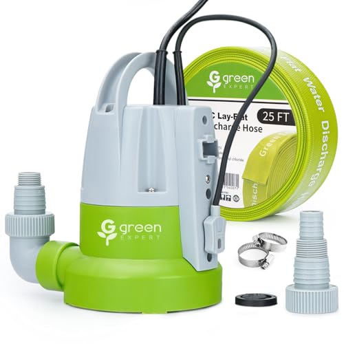 Image of Green Expert 1 /3HP Submersible Sump Pump Kit with 25FT Lay-Flat Discharge Hose, Pump with Hose, Water Sensor Automatic /Manual Low Water Drain Pump for Basement Pool Cover Hot Tub