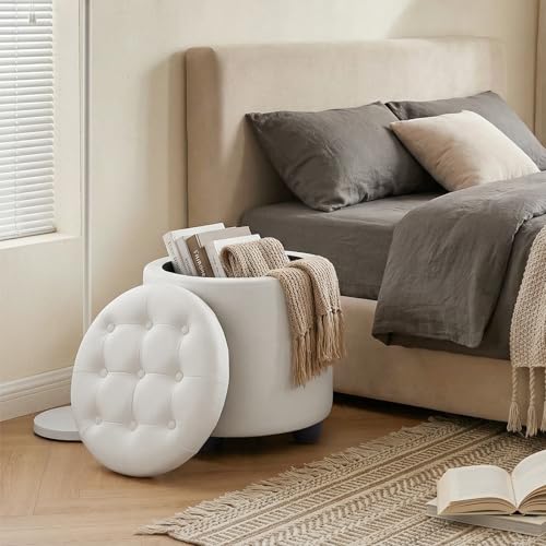 Furniliving Upholstered Button Tufted Round Ottoman, PU Storage Ottoman Round, Removable Lid Convenient Footstools, Classic Ottoman with Storage for Vanity, Nursery Room，IvoryWhite