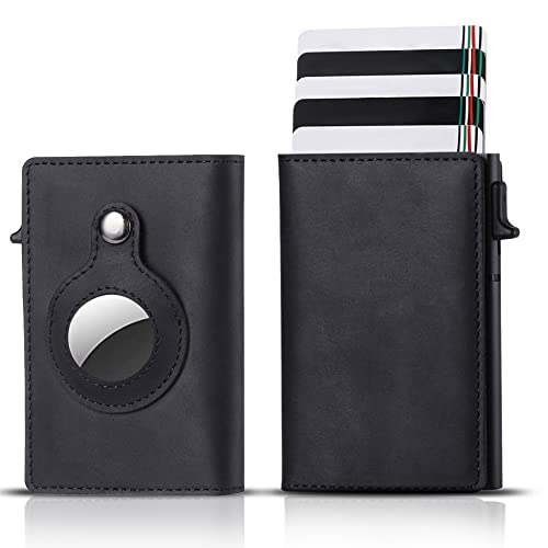 Airtag Wallet Case (Airtag Not Included) - Genuine Leather Wallet for Men - 5-6 Pop Up Credit Cards Money Holder, RFID Blocking - Slim, Thin, Trifold Wallet Air Tag Holder - Magnetic Close (Black)