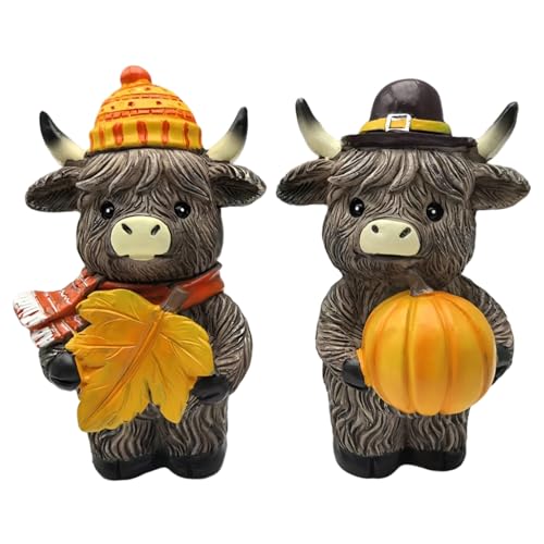 Lawnrden 2Pcs/Set Highland Cow Statues Cute Highland Cow Figurine with Maple Leaf & Pumpkin Resin Fall Decor for Farmhouse Home Garden Tray Table| Decor