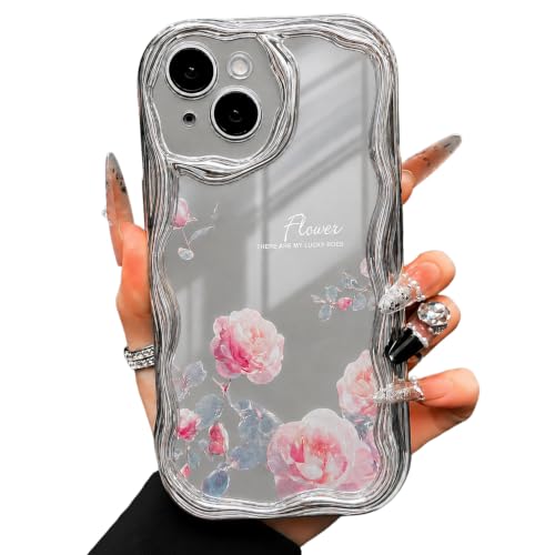 Image of VONZEE Cute Pink Flower Mirror Back Cover for iPhone 15| Clear Shockproof TPU Protective Case | Slim Anti-Yellowing Crystal Clear Phone Cover for Girls and Women